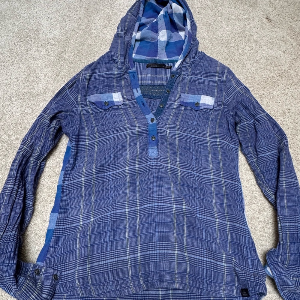 Prana Multicolor Plaid Hooded Shirt